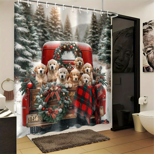 Truck Carrying Puppies Shower Curtain Polyester Fabric Machine Washable