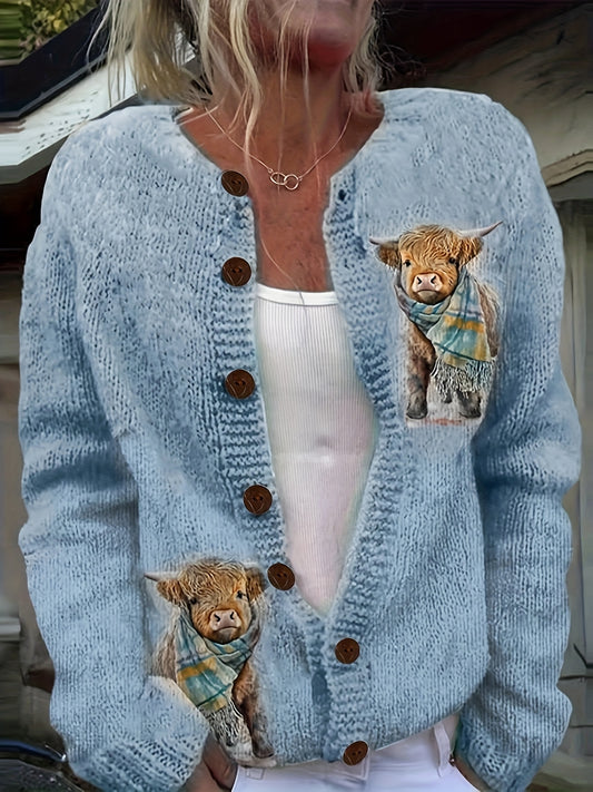 Cow Print Cardigan With Button Up All Season Cozy Sweater