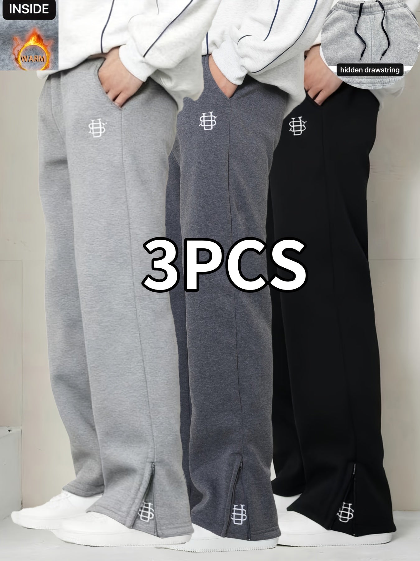 Men's Embroidered Casual Joggers Three Pack Warm Lounge Pants