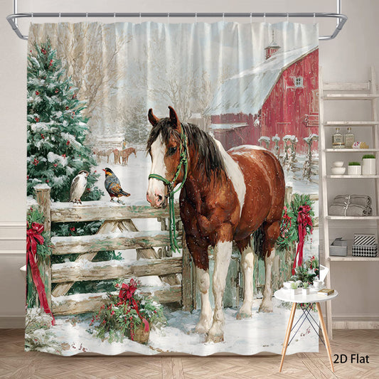 1pc Extra Long Christmas Horse and Barn Shower Curtain - Winter Farmhouse Bathroom Decor with Brown Horse, Red Barn & Snowy Landscape - Rustic Country Bathroom Window Treatment - Machine Washable Polyester Fabric Bath Curtain