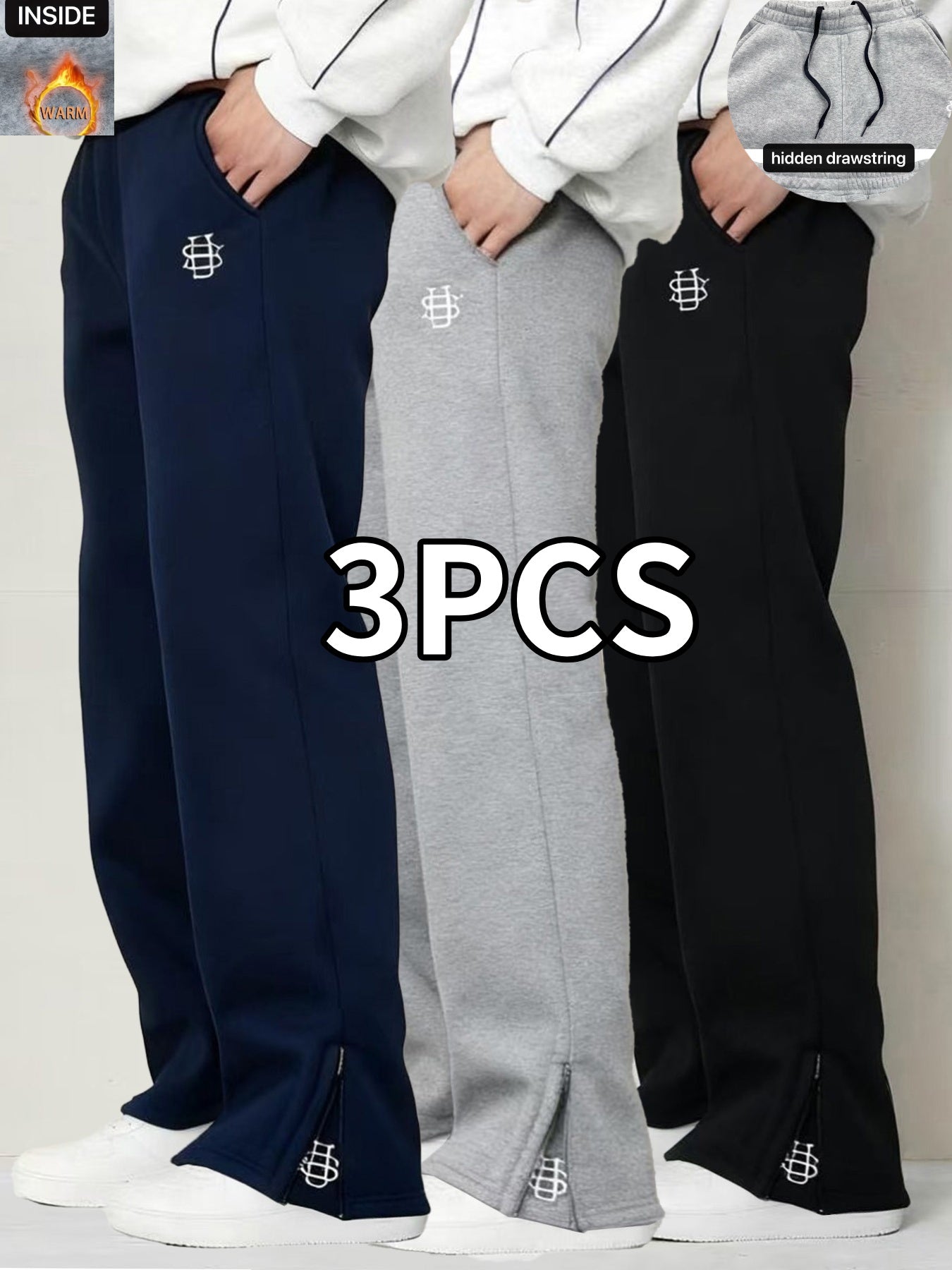 Men's Embroidered Casual Joggers Three Pack Warm Lounge Pants