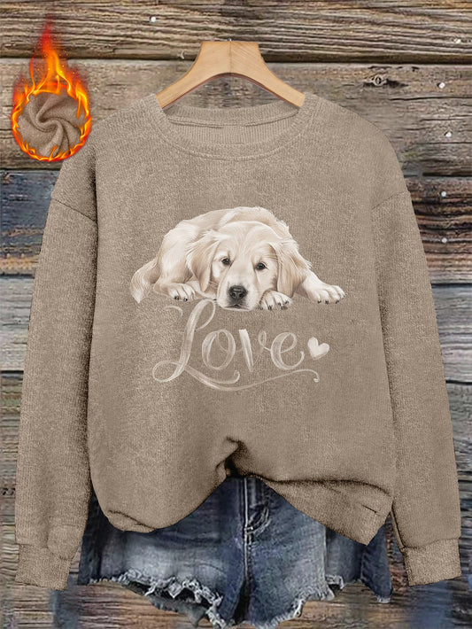 Womens Golden Retriever And Love Letter Print Crew Neck Sweater
