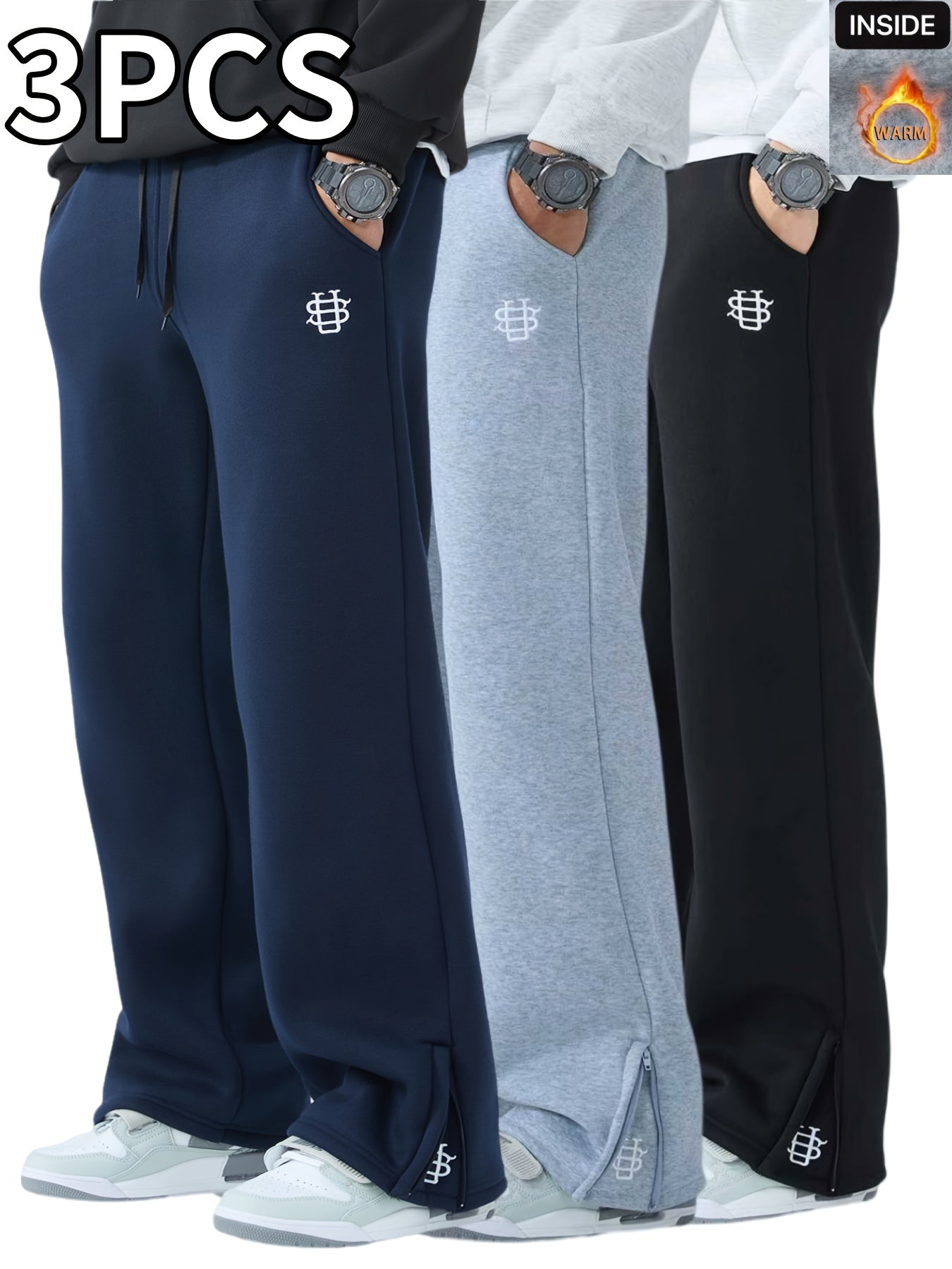 Men's Embroidered Casual Joggers Three Pack Warm Lounge Pants