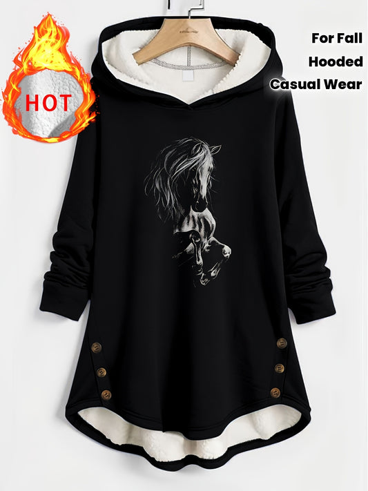 Womens Hooded Sweatshirt With Horse Print Fleece Lined