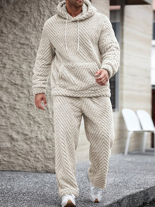 Men's Fleece Hoodie And Wave Pattern Loungewear Set