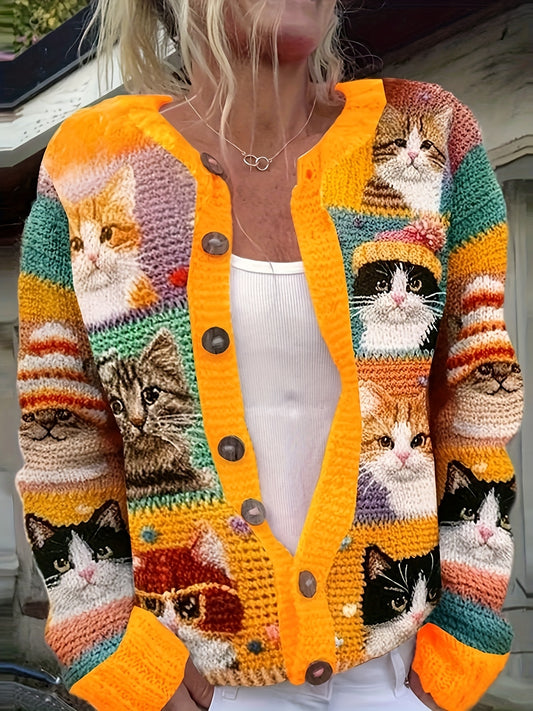 Cat All Over Pattern Cardigan Sweater For Women Long Sleeve