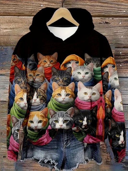 Funny Cat Print Hooded Sweatshirt for Casual Everyday Wear