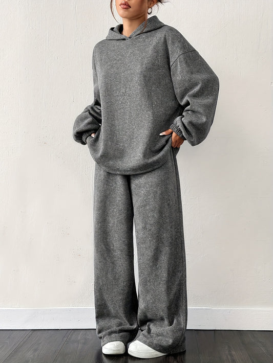 Oversized Hoodie Set With Warm Lining And Wide Leg Pants