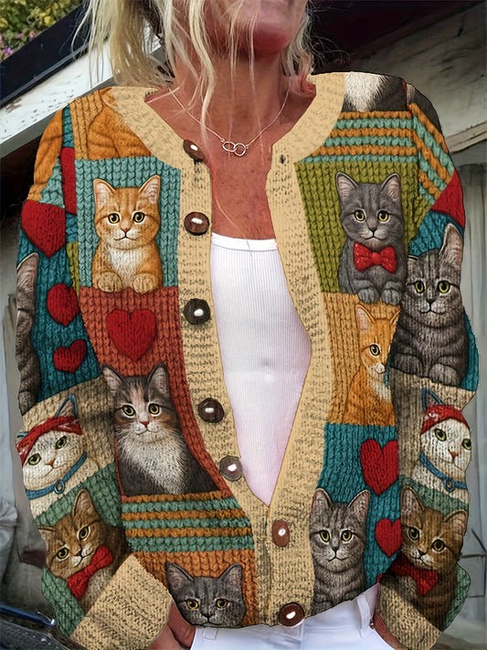 Women's 3D Floral Cardigan With Crocheted Cat Pattern Button Front