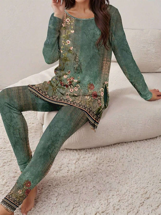 Womens Printed Long Sleeve Top And Pants Casual Set