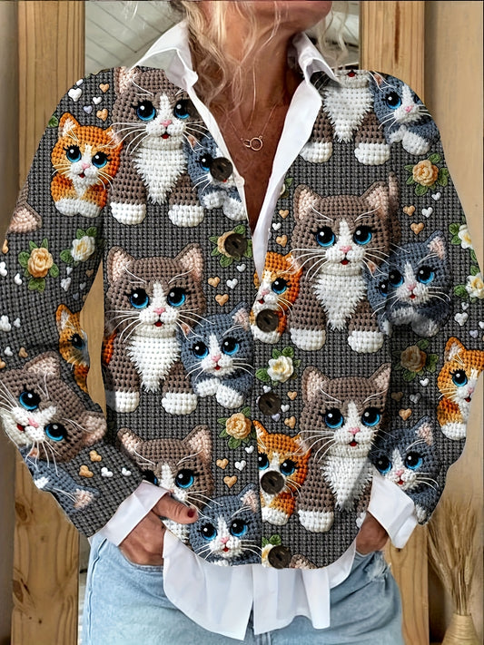 Elegant Cat Print Cardigan With Buttons Crocheted Cats