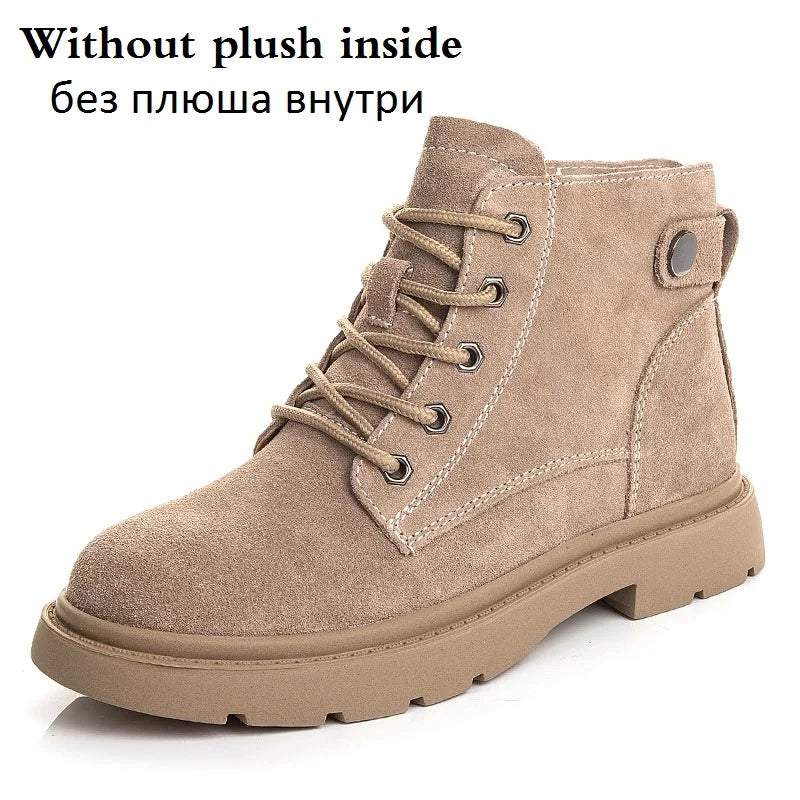 Drkanol Women Genuine Leather Ankle Boots Flat Heel Casual