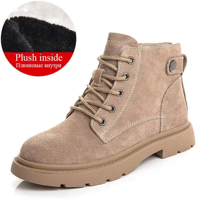 Drkanol Women Genuine Leather Ankle Boots Flat Heel Casual