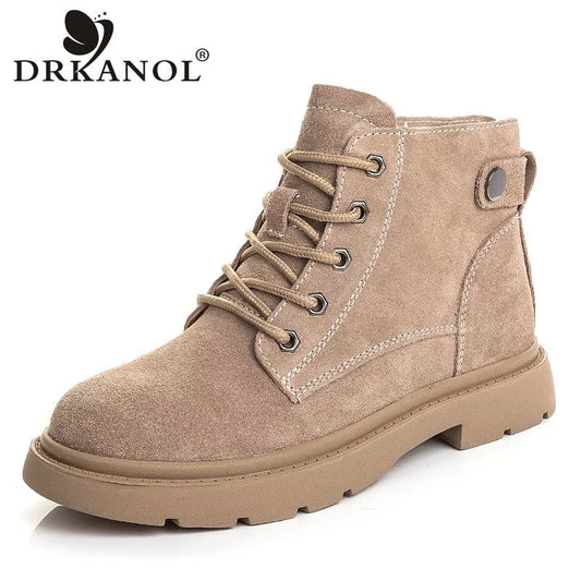Drkanol Women Genuine Leather Ankle Boots Flat Heel Casual