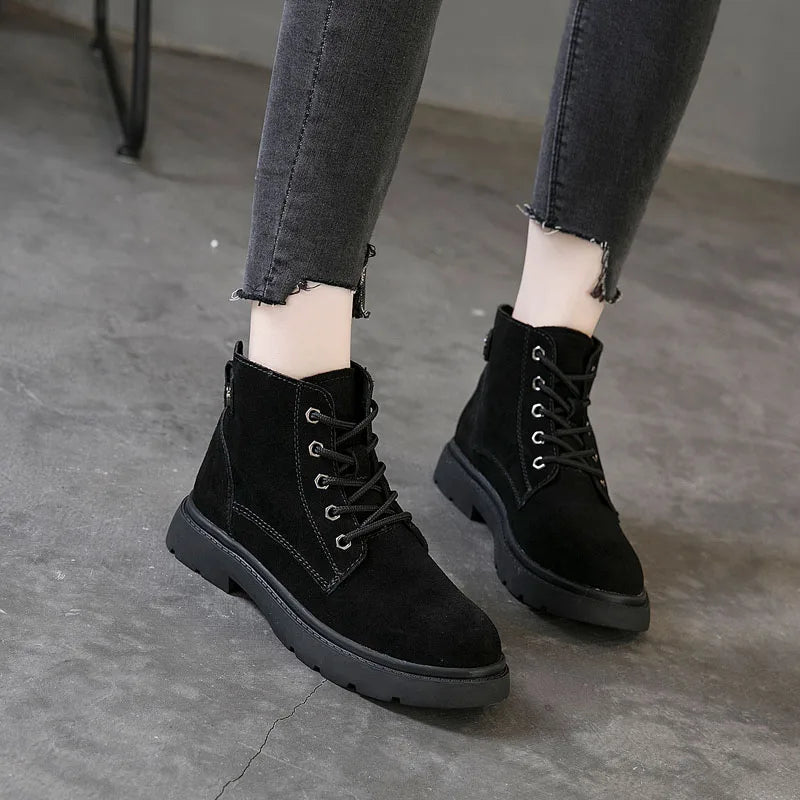 Drkanol Women Genuine Leather Ankle Boots Flat Heel Casual