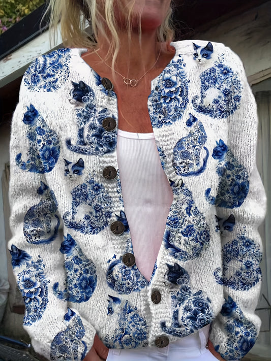 Women's Cat Print Cardigan With Button Detail Lightweight