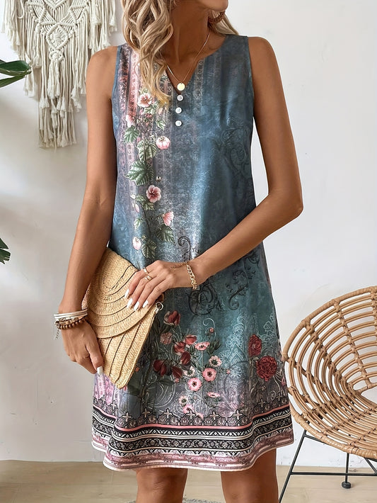 Women's Elegant Print Sleeveless V Neck Dress