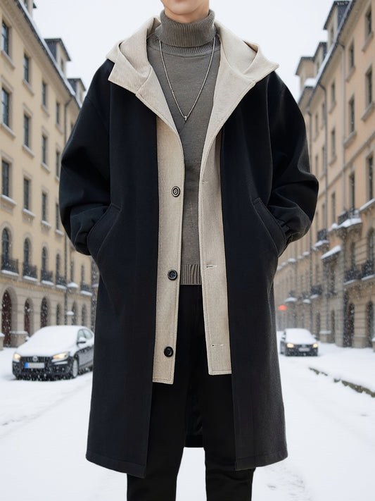 Men's Hooded Polyester Trench Coat with Button Closure Regular Fit