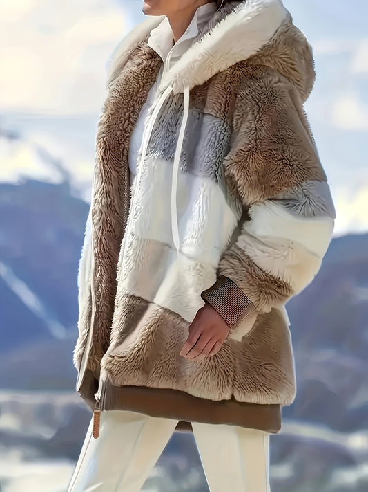 Women Cozy Plush Hooded Patchwork Jacket With Zipper Closure