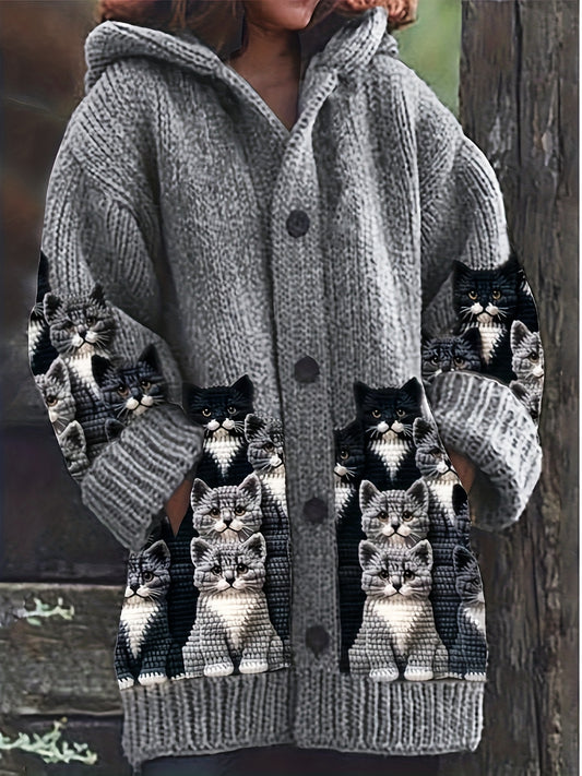 Women Cat Print Hooded Cardigan Coat With Button Front