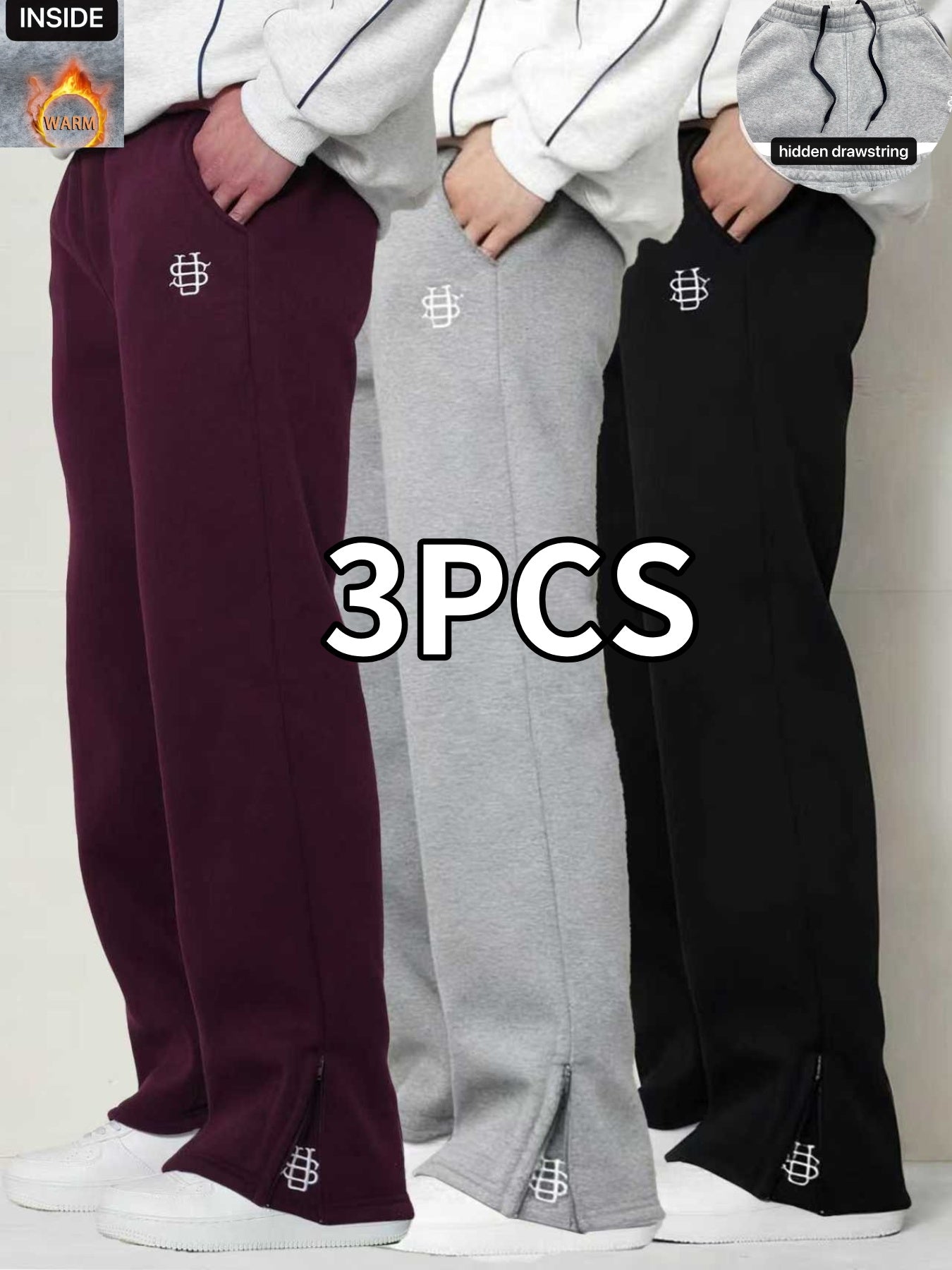 Men's Embroidered Casual Joggers Three Pack Warm Lounge Pants