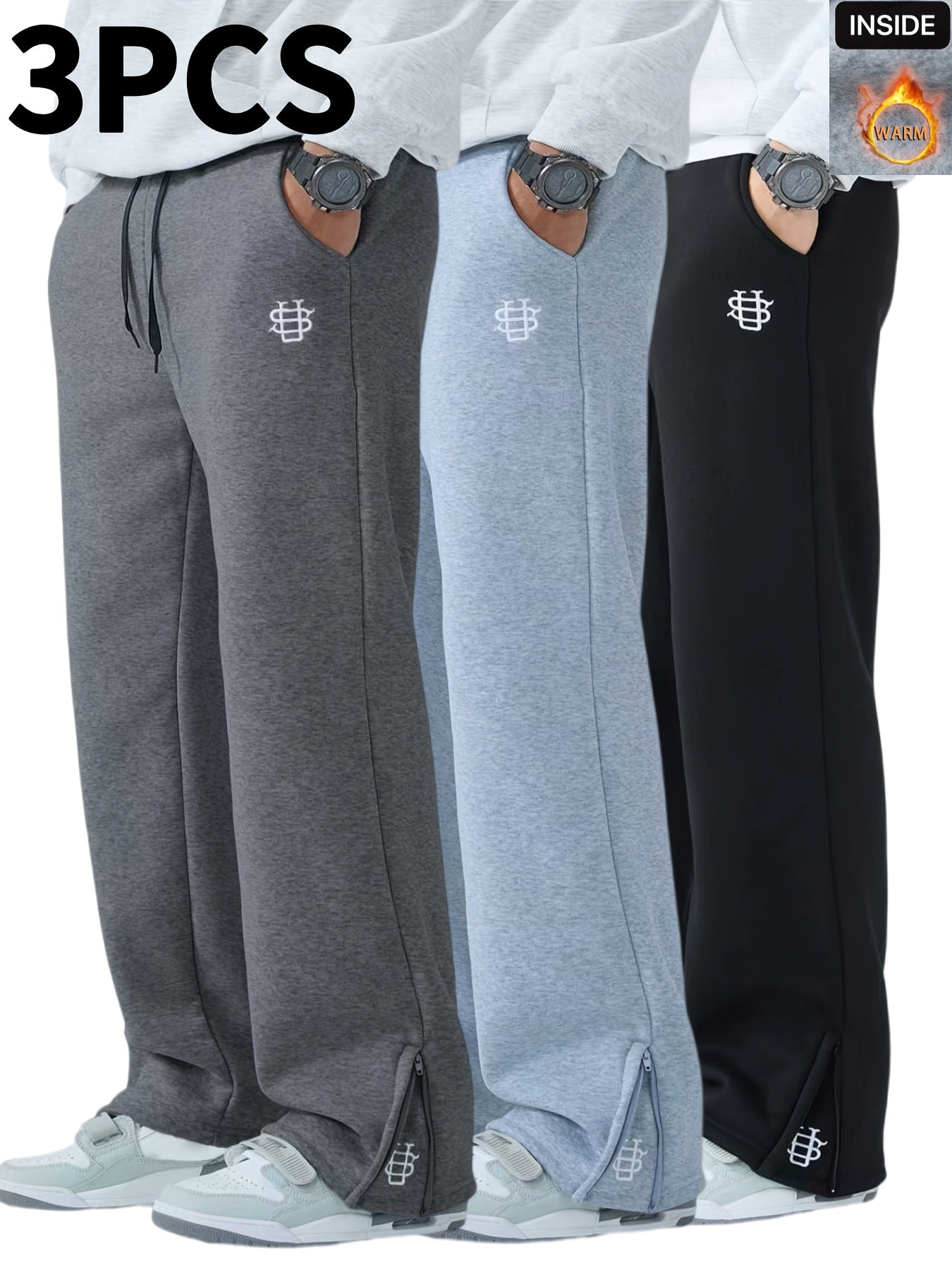Men's Embroidered Casual Joggers Three Pack Warm Lounge Pants