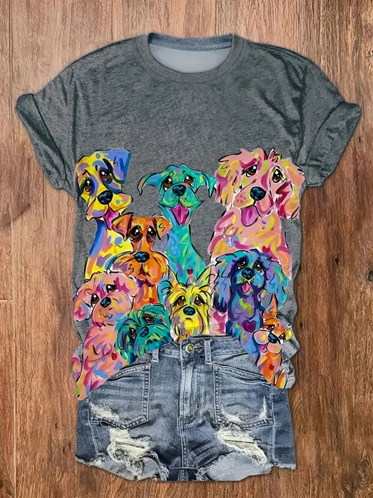 Playful Dog Print Relaxed Fit T Shirt For Women Casual