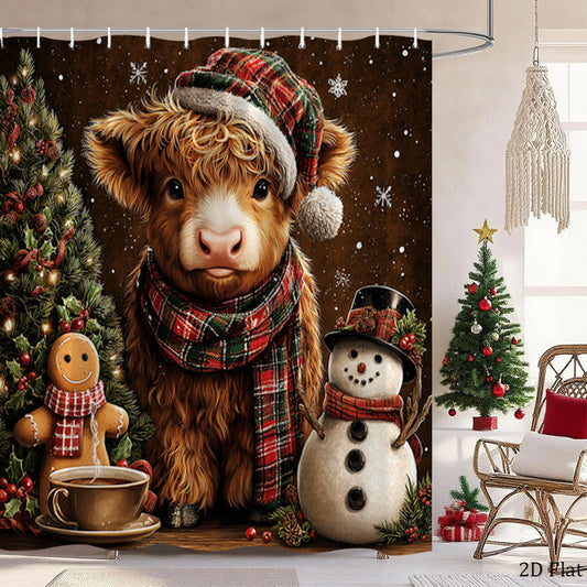 Highland Cow Christmas Shower Curtain Santa Hat Plaid Scarf
