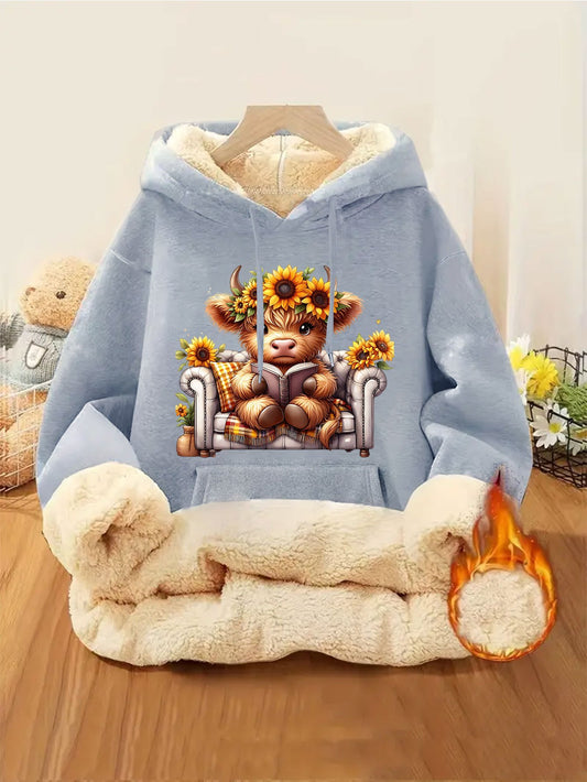 Highland Cow Sunflower Print Hooded Sweatshirt With Pockets