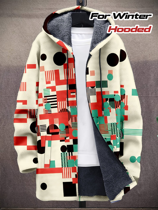 Men's Plush Hooded Zip Up Cardigan With Retro Geometric Art