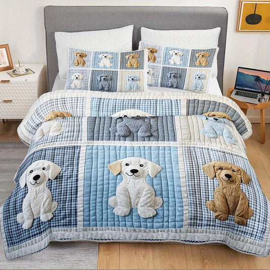 Cute Dog Print Quilted Bed Cover Set Pillowcases Included