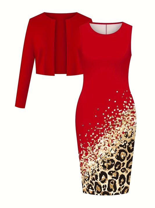 Women Two Piece Dress Set With Long Sleeve Cardigan