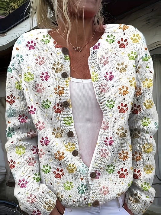 Womens 3D Dog Paw Print Cardigan Button Front Sweater